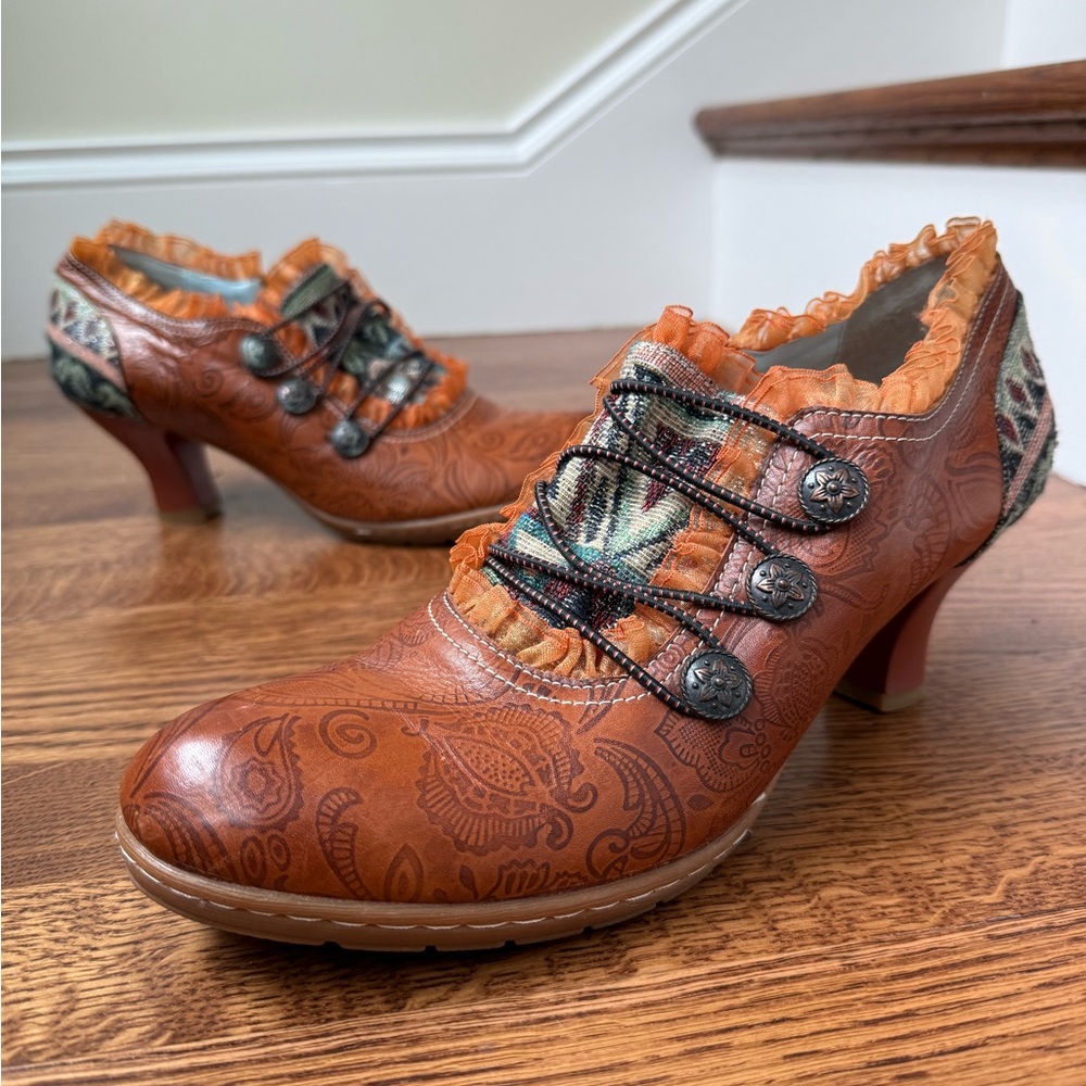 SOCOFY Tooled Victorian Steampunk Heels Coquette Ruffles Maximalist Retro 41
